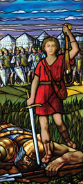David and Goliath stained glass window film design